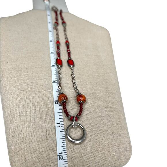 Vintage Chain and Beaded Necklace Silver Tone Red and Wooden Beads - Picture 5 of 9